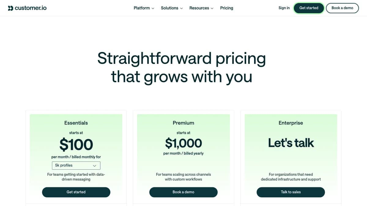 Customer.io pricing page with Essentials, Premium and Enterprise plans, a behavior-based lead nurturing tool for SaaS