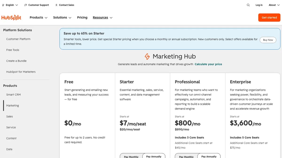 HubSpot Marketing Hub pricing page showing Free, Starter, Professional and Enterprise plans for lead nurturing tools comparison