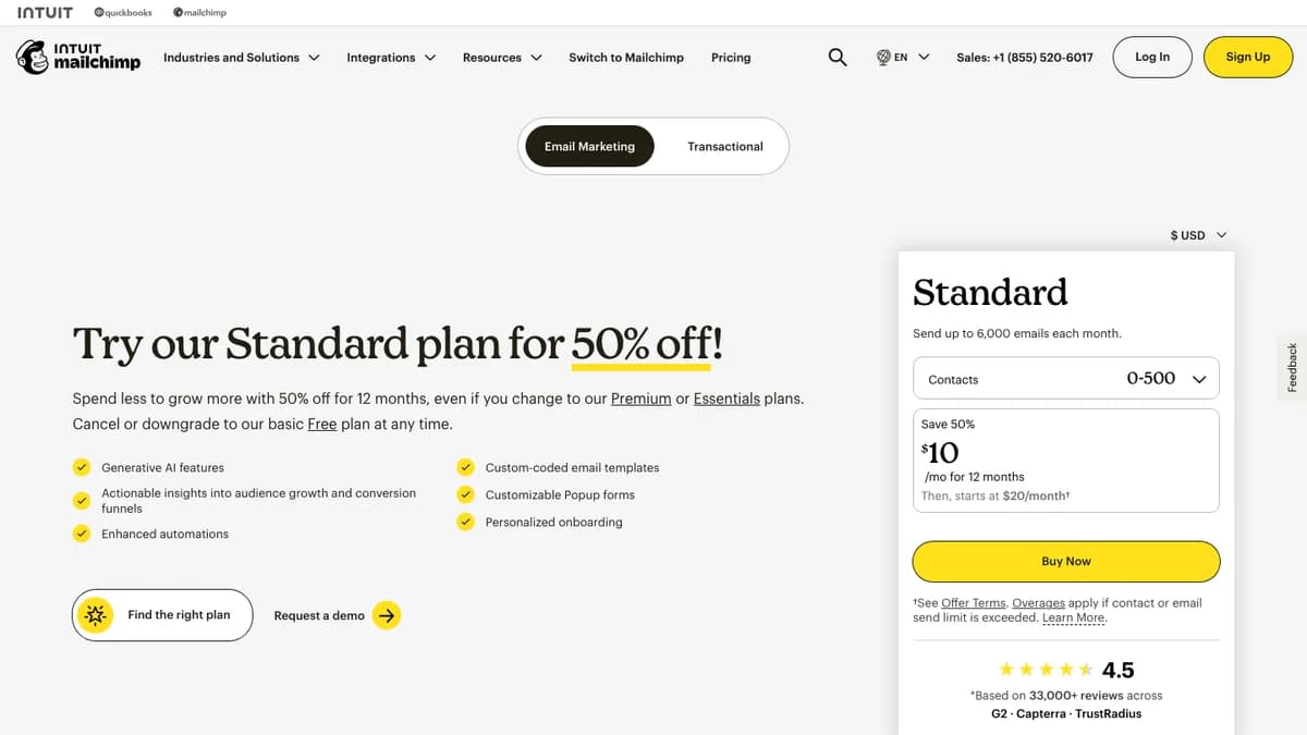 Mailchimp Standard plan pricing for 0-500 contacts, an email-first lead nurturing tool