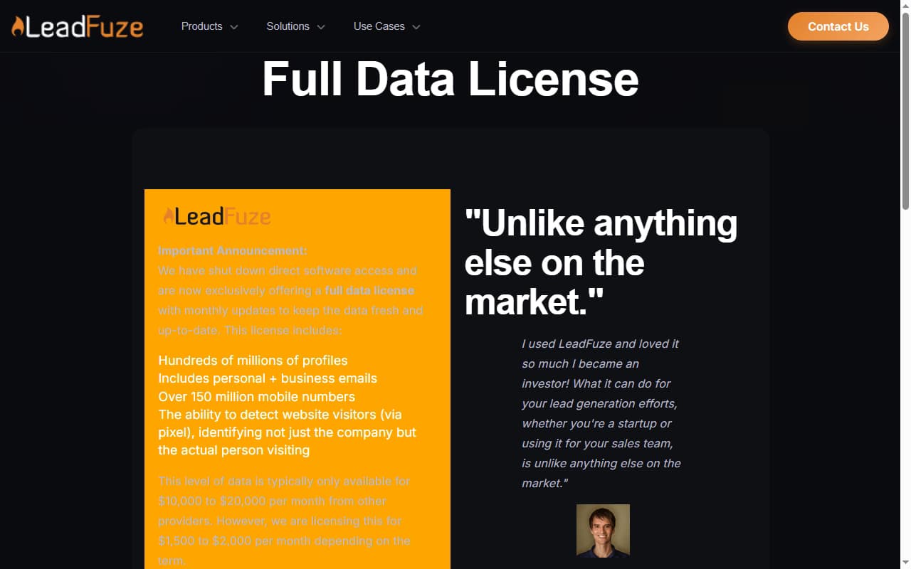 LeadFuze full data license page 2026 — announcement that direct software access has been shut down