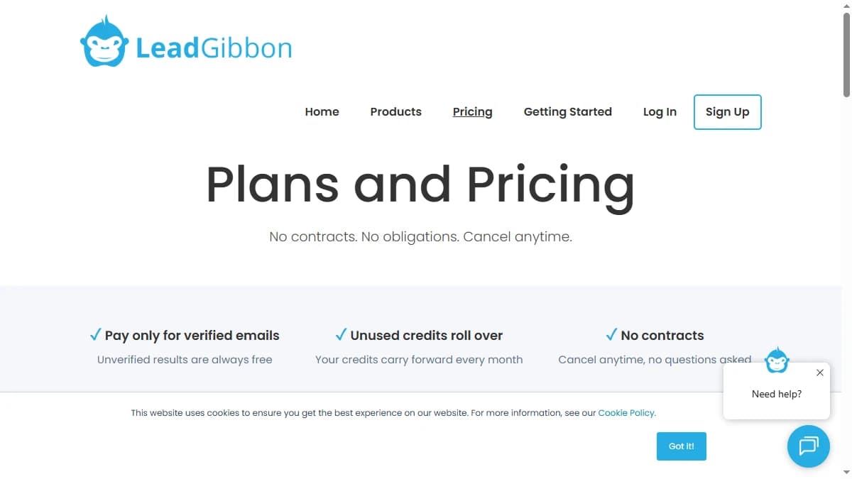 LeadGibbon pricing page 2026 — Free, Basic, Pro, and Business plans with verified-email credits