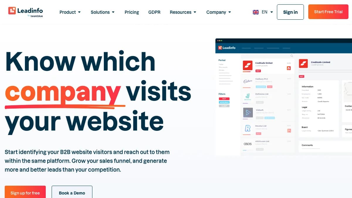 Leadinfo homepage in 2026 with the headline Know which company visits your website and a preview of the visitor inbox, captured for this Leadinfo review