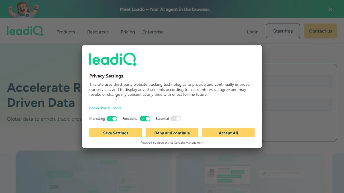 LeadIQ homepage showing LinkedIn prospecting and SDR enrichment platform — Forager alternative