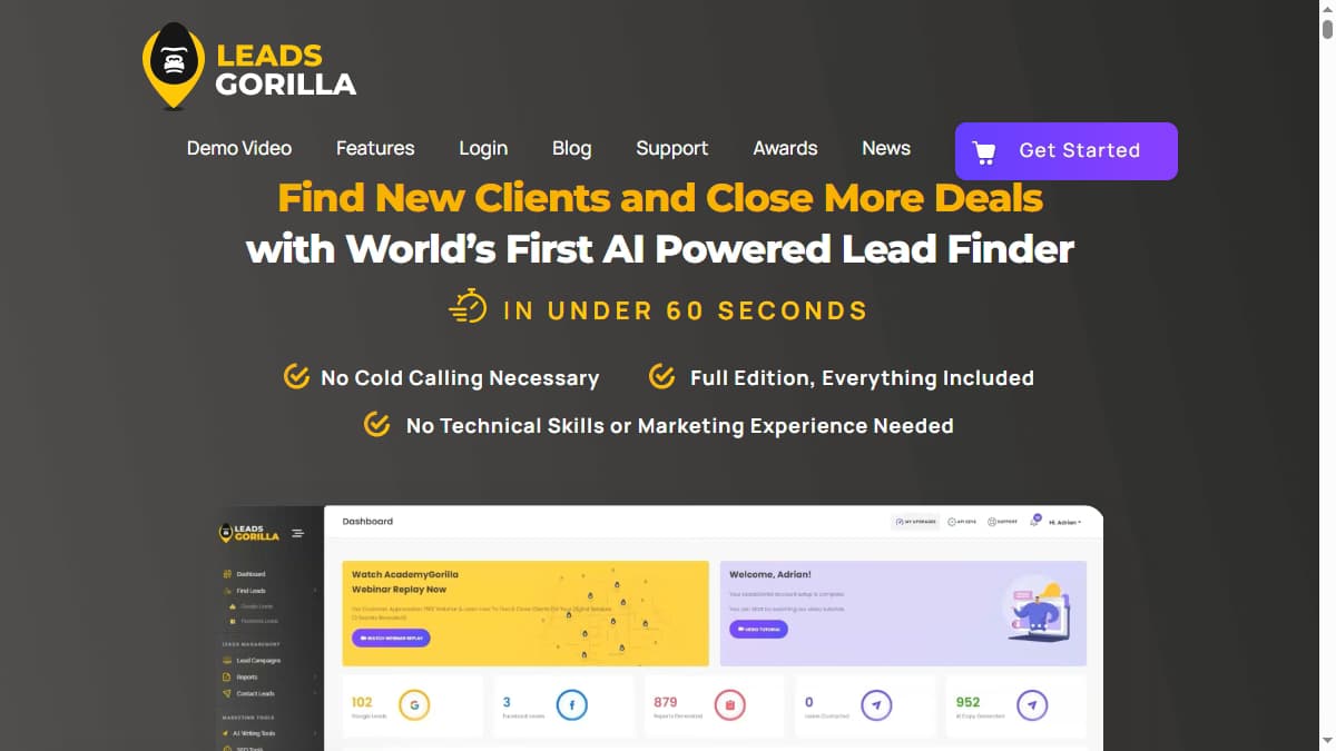 LeadsGorilla homepage — LeadsGorilla review 2026 AI-powered local lead finder for agencies