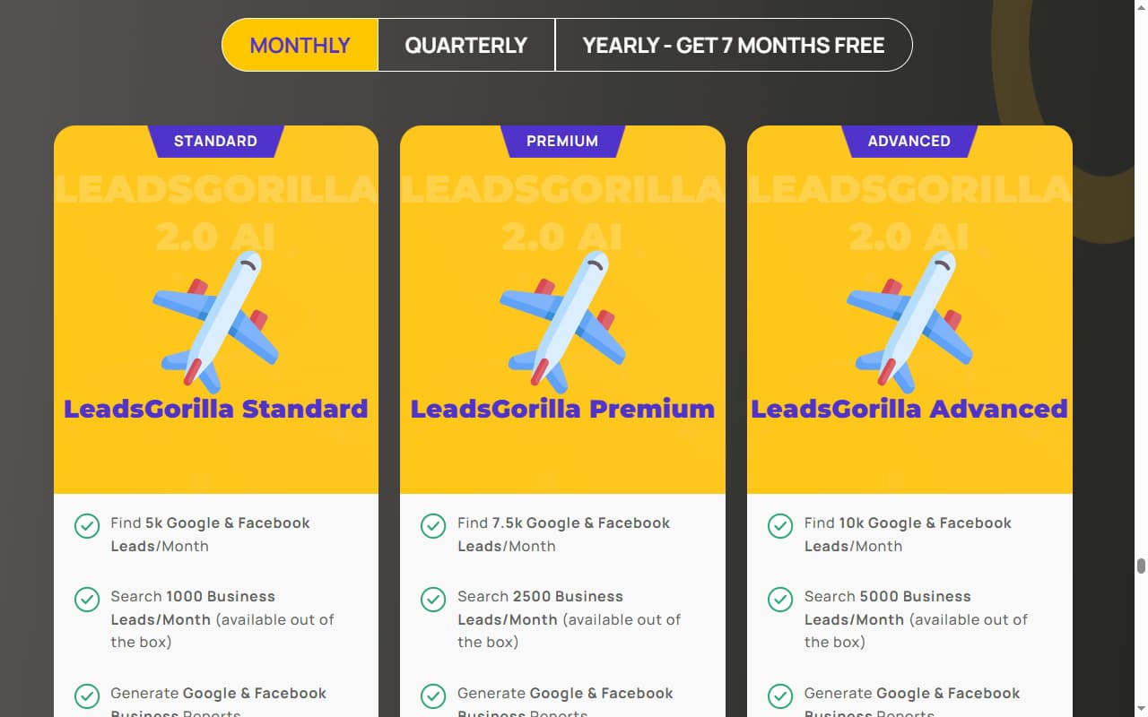 LeadsGorilla pricing page 2026 — Standard, Premium, Advanced plans with monthly, quarterly, and yearly billing