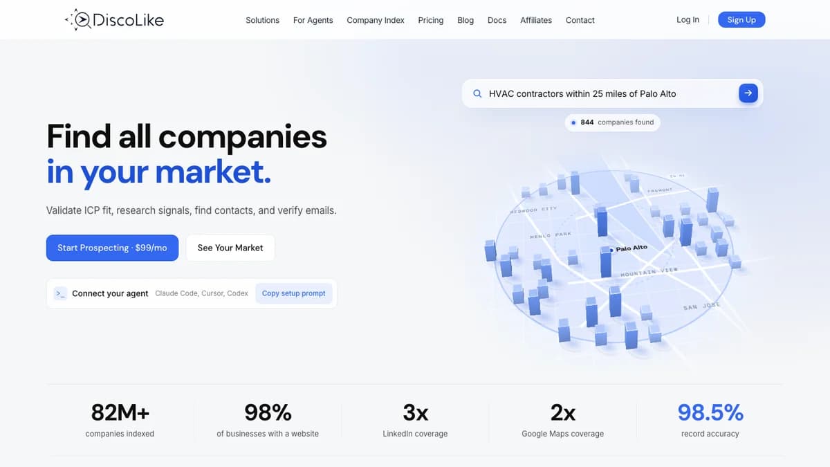 DiscoLike homepage showing company search used to find similar companies by domain and website content