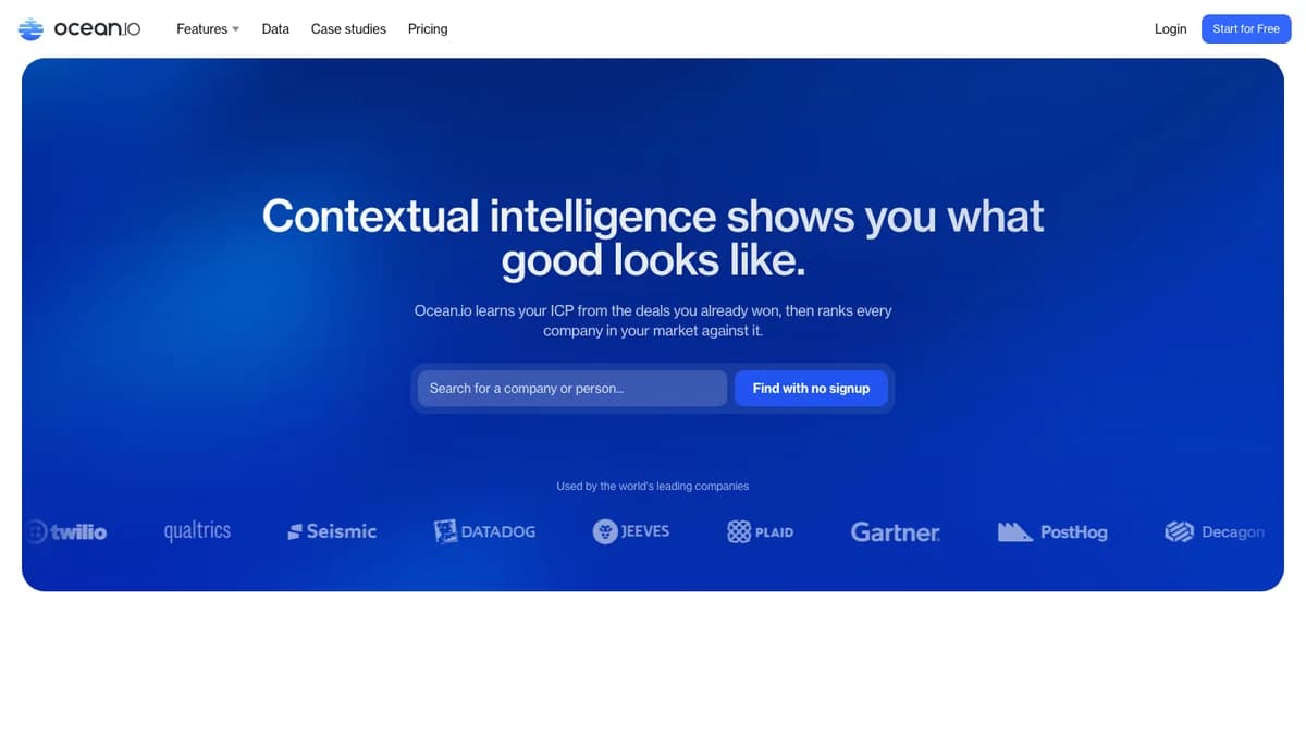 Ocean.io homepage for lookalike company search, ranking companies against deals you already won