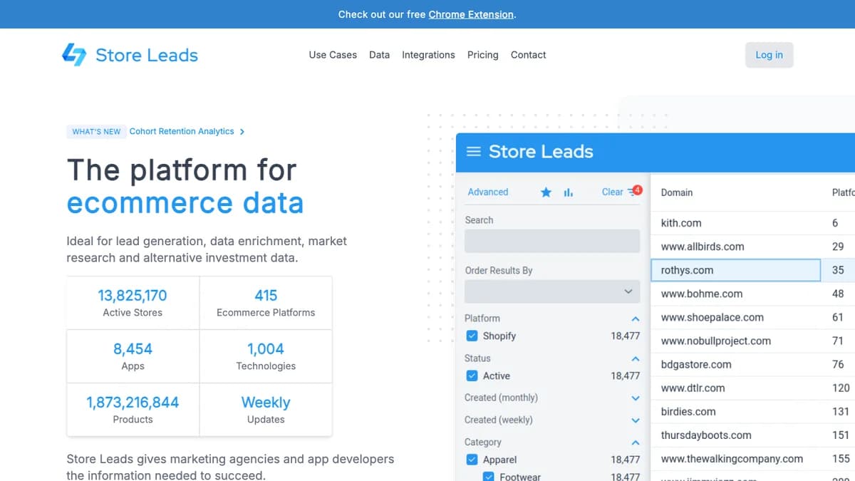 Store Leads ecommerce database homepage with filters for lookalike company search by platform and apps