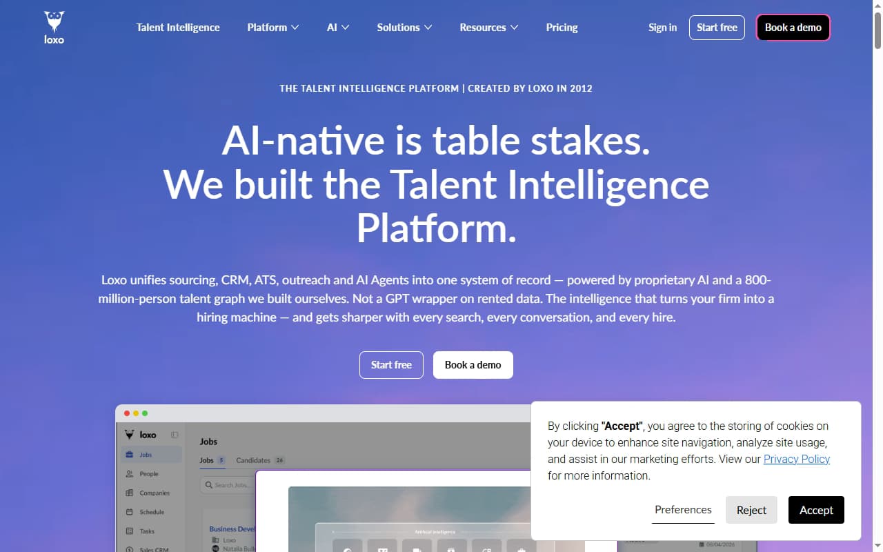 Loxo AI recruiting platform homepage — Loxo review 2026 talent intelligence platform