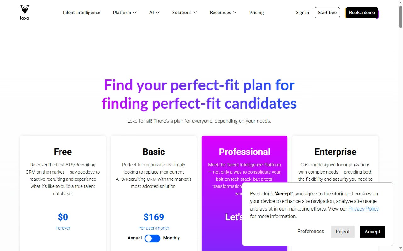 Loxo pricing page 2026 — Free tier, Basic $169/user/mo, Professional and Enterprise custom