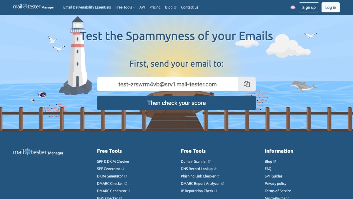 mail-tester homepage spam score test, free email deliverability test