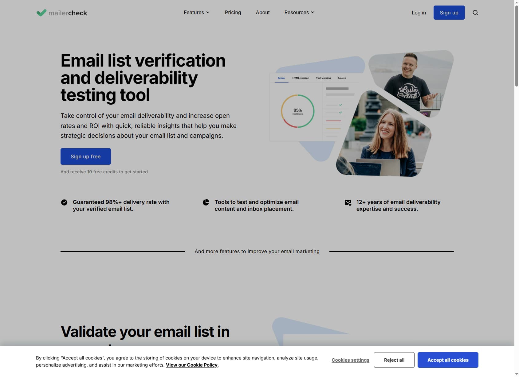 MailerCheck homepage — email verification and deliverability testing platform overview