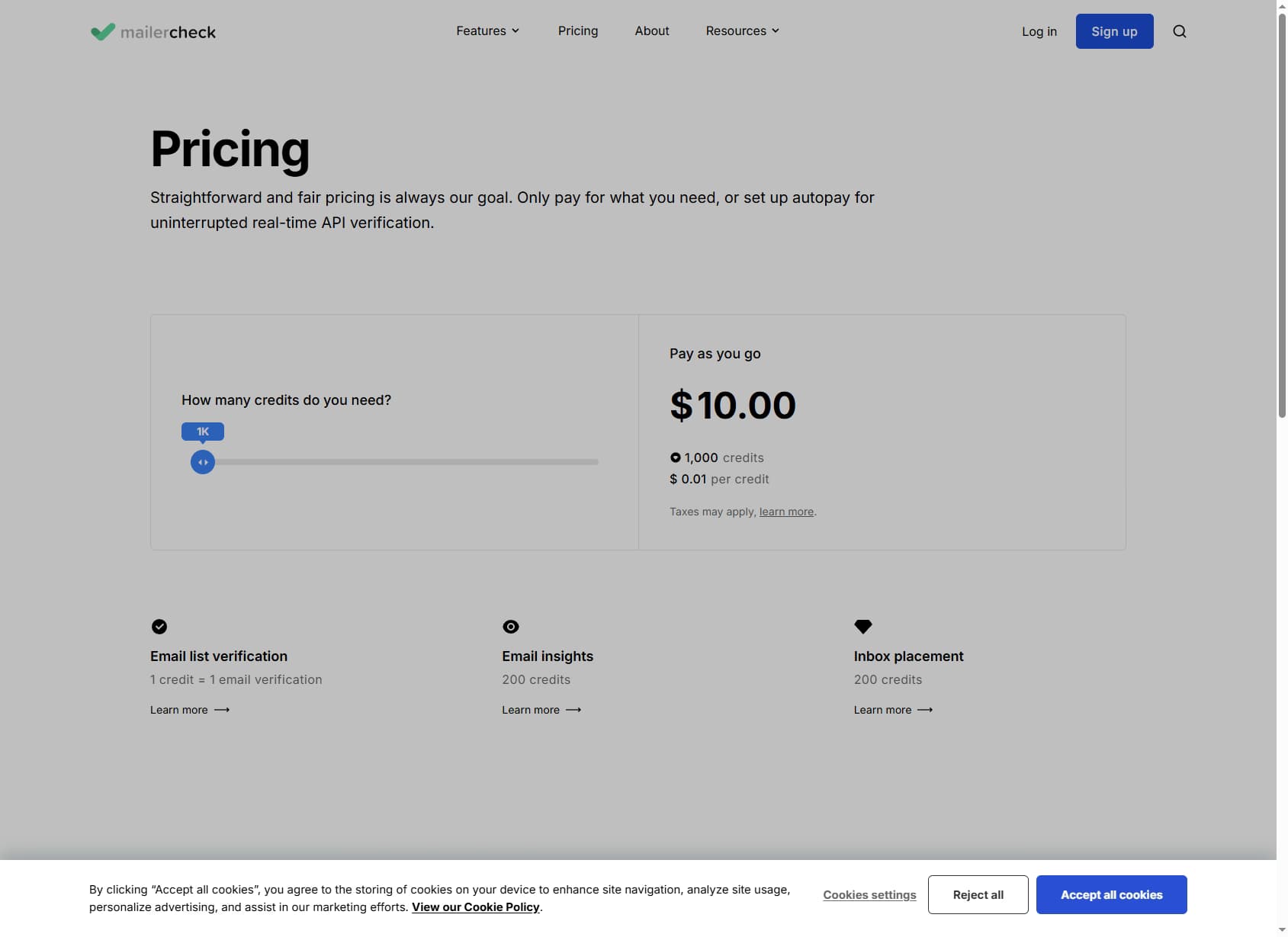 MailerCheck pricing page — pay-as-you-go credit packages for email verification