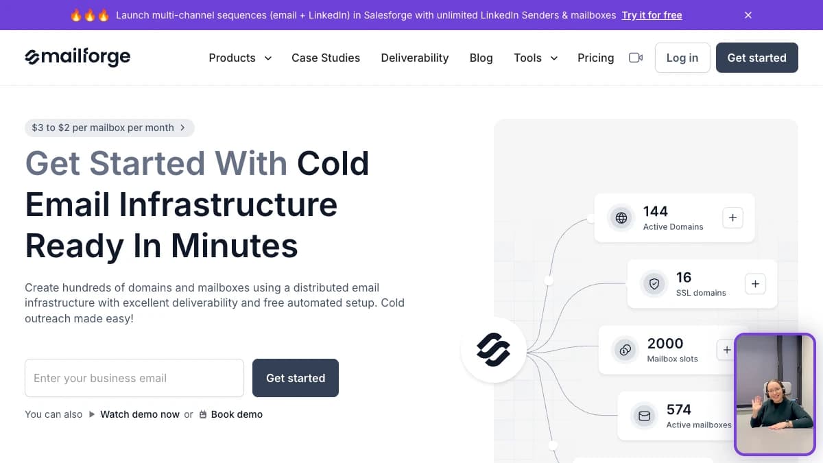 Mailforge homepage — cold email infrastructure with domains and mailbox slots set up in minutes