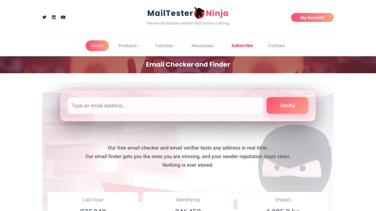 MailTester Ninja homepage with the email checker and finder input box, captured for this MailTester Ninja review 2026