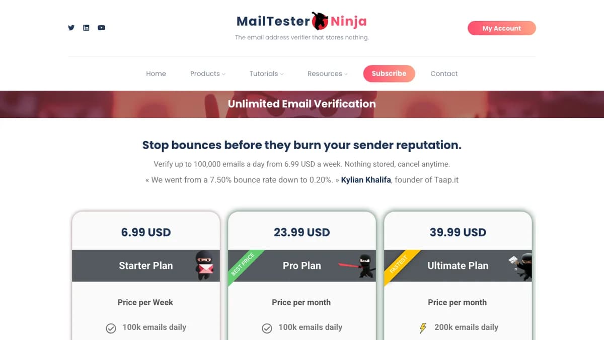 MailTester Ninja pricing page showing Starter at 6.99 USD a week, Pro at 23.99 USD and Ultimate at 39.99 USD a month, for this MailTester Ninja review