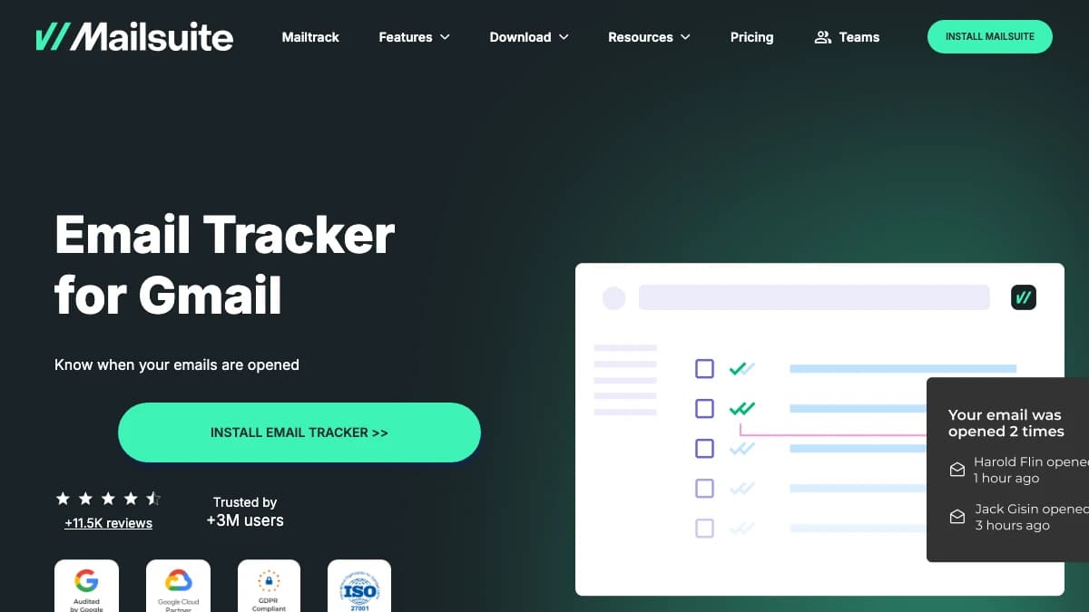 Mailtrack by Mailsuite homepage — Yesware alternative for simple Gmail email tracking