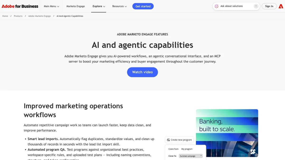Marketo review 2026: Adobe Marketo Engage AI and agentic capabilities page listing AI workflows, an agentic interface, and an MCP server