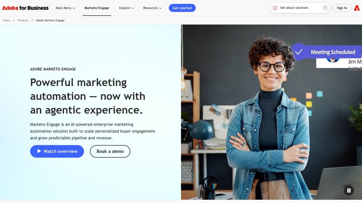 Marketo review: Adobe Marketo Engage product page announcing powerful marketing automation with an agentic experience