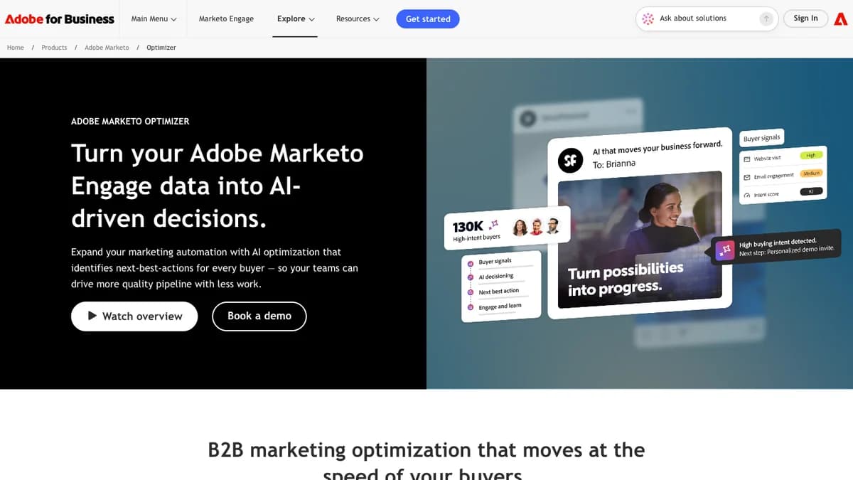 Marketo review 2026: Adobe Marketo Optimizer page promising to turn Marketo Engage data into AI-driven decisions