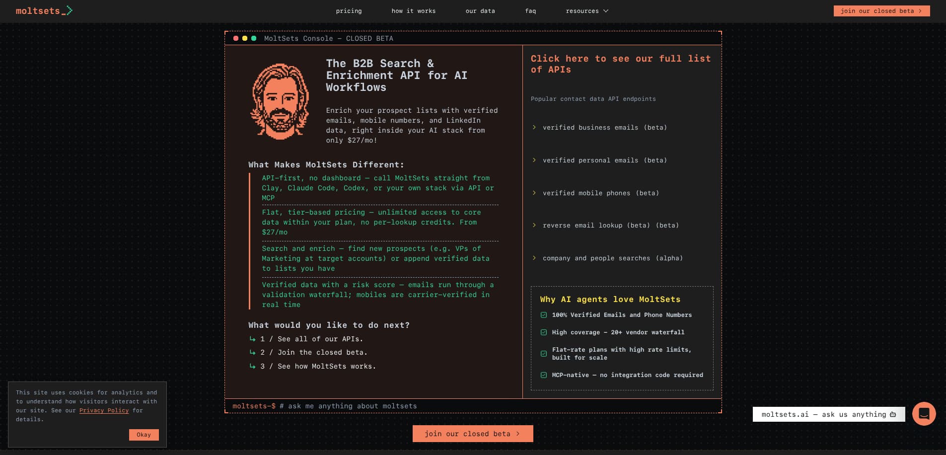 MoltSets - Teams building AI-powered prospecting and enrichment workflows that want flexible API access without per-lookup credits