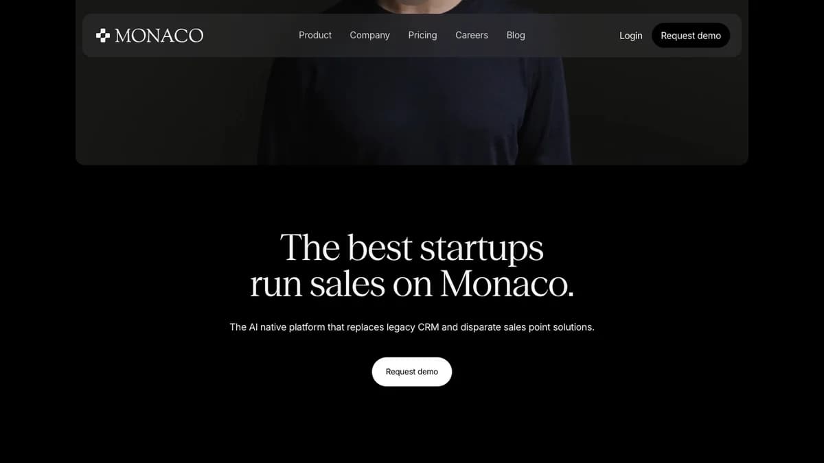 Monaco homepage with the headline The best startups run sales on Monaco and the AI native platform that replaces legacy CRM tagline, captured for this Monaco review 2026