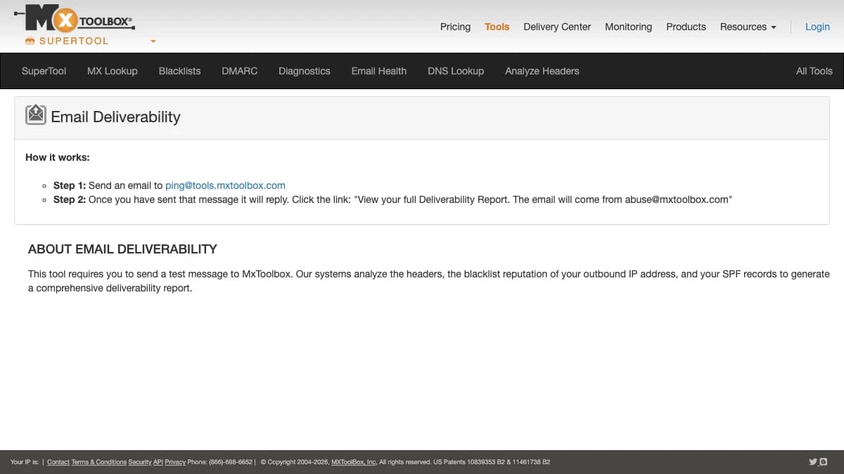 MxToolbox email deliverability test page, SPF and blacklist diagnostics for cold email