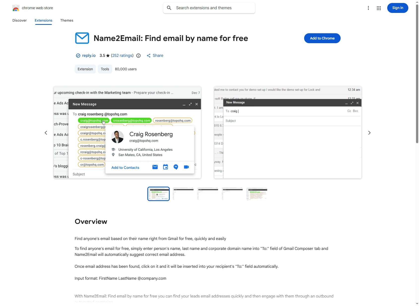 Name2Email Chrome Web Store listing showing 3.5 out of 5 stars across 252 ratings and 80,000 users