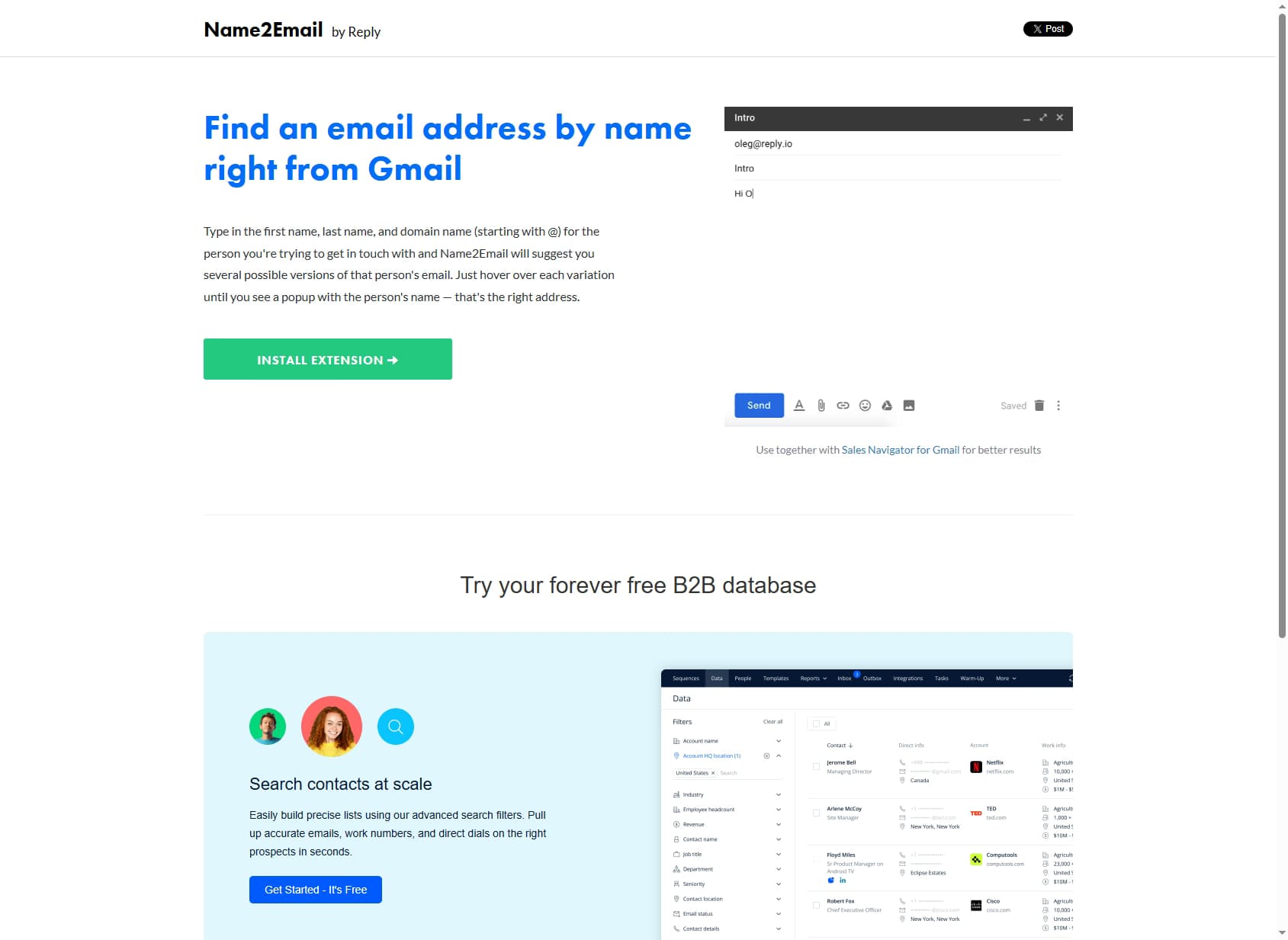 Name2Email homepage showing the free Gmail email finder by Reply — Name2Email review 2026