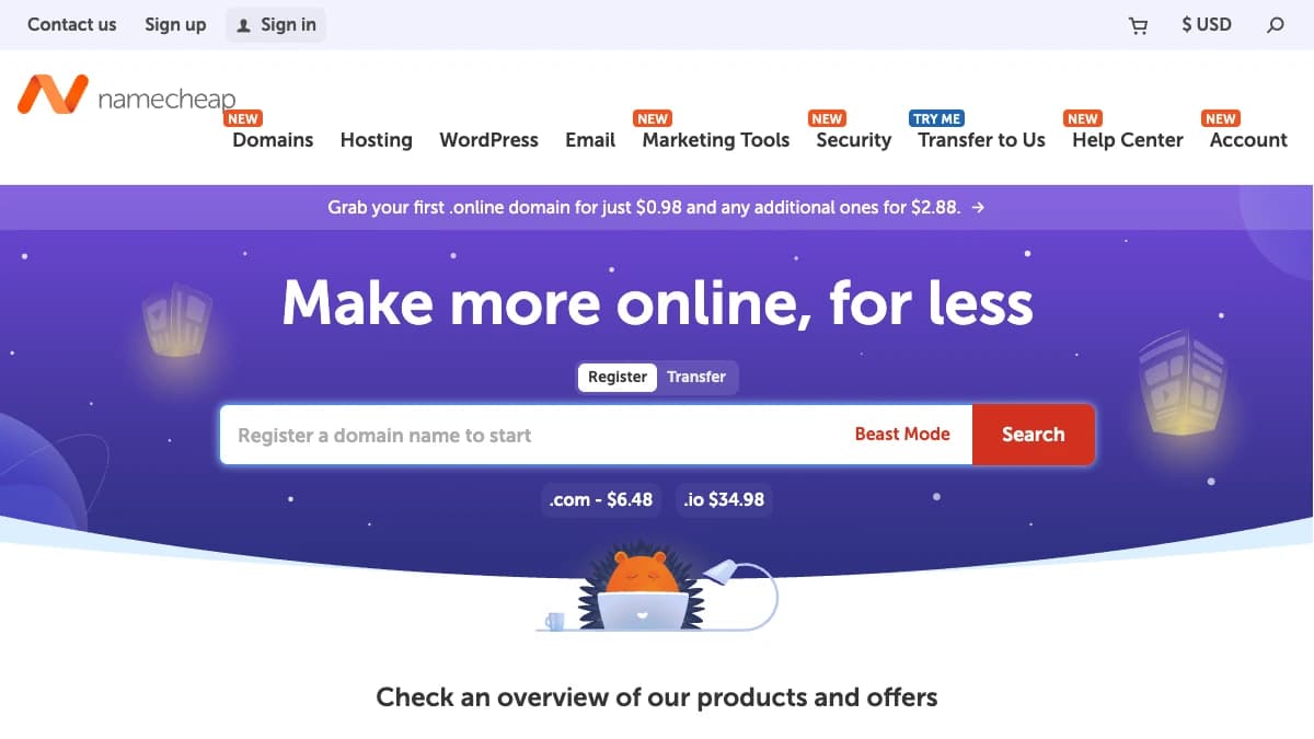 Namecheap homepage with Beast Mode bulk domain search — registrar for cold email domains