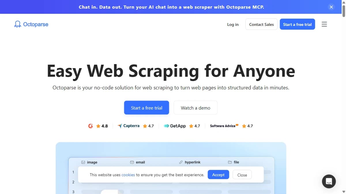 Octoparse homepage showing no-code visual web scraping -- ScrapingBee alternative for non-developers