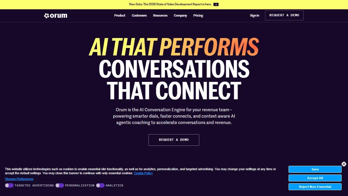 Orum homepage showing AI parallel dialer platform with up to 10 simultaneous calls per agent