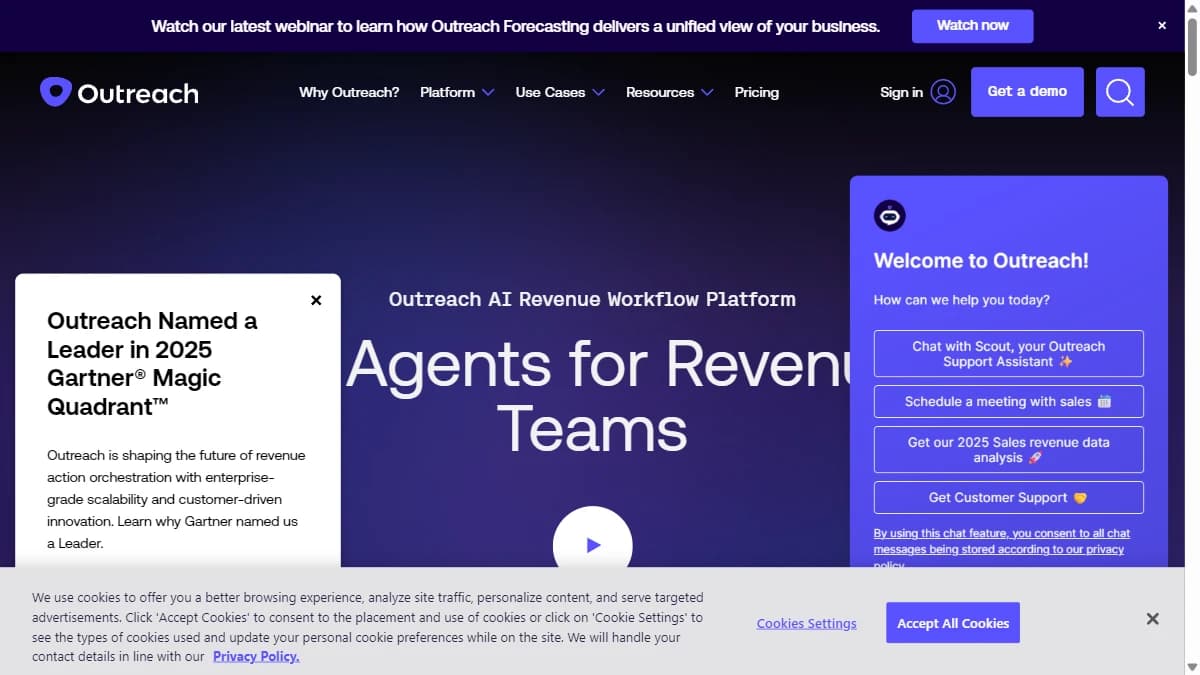 Outreach.io homepage in 2026 showing enterprise sales execution platform with multichannel sequences, deal management, and AI forecasting features