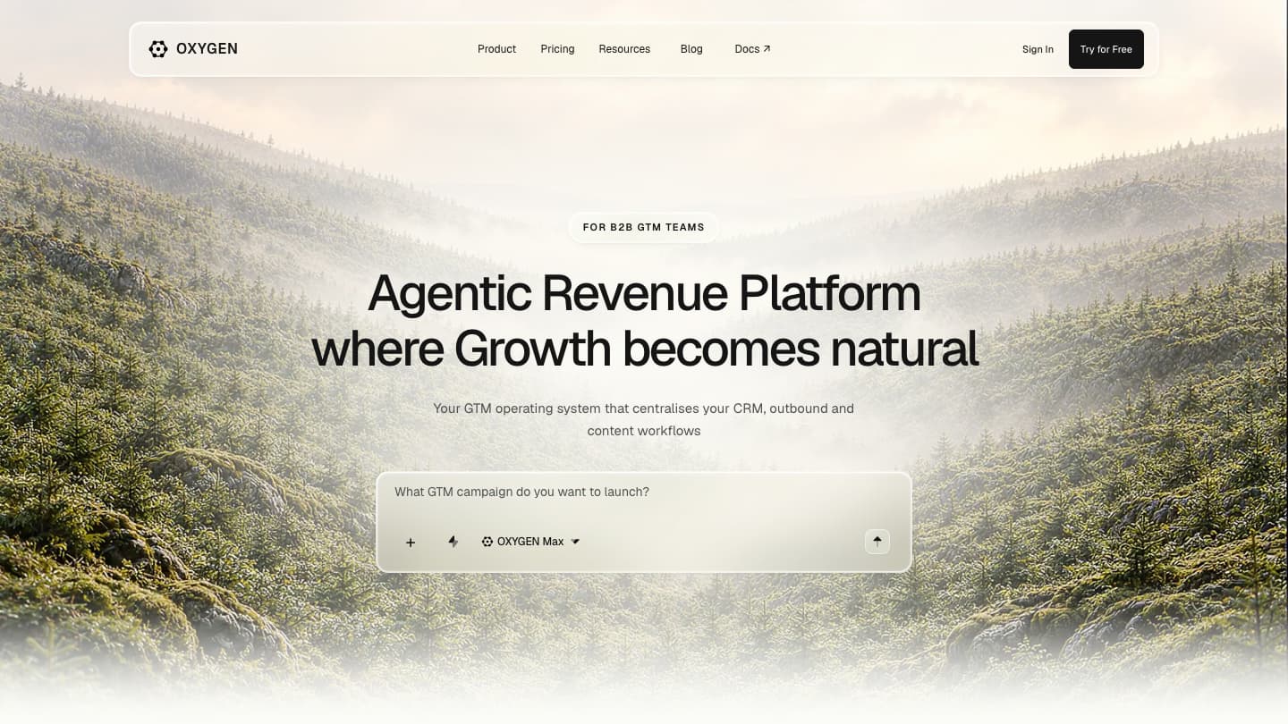 Oxygen Agent homepage showing the Agentic Revenue Platform headline and a campaign prompt box with the OXYGEN Max model selector