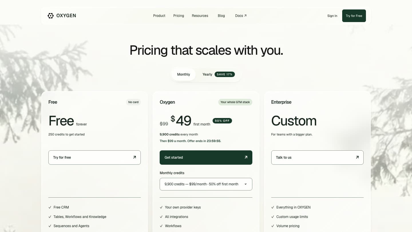 Oxygen Agent pricing page showing Free, Oxygen, and Enterprise plans with a time-limited first-month discount on the $99 tier