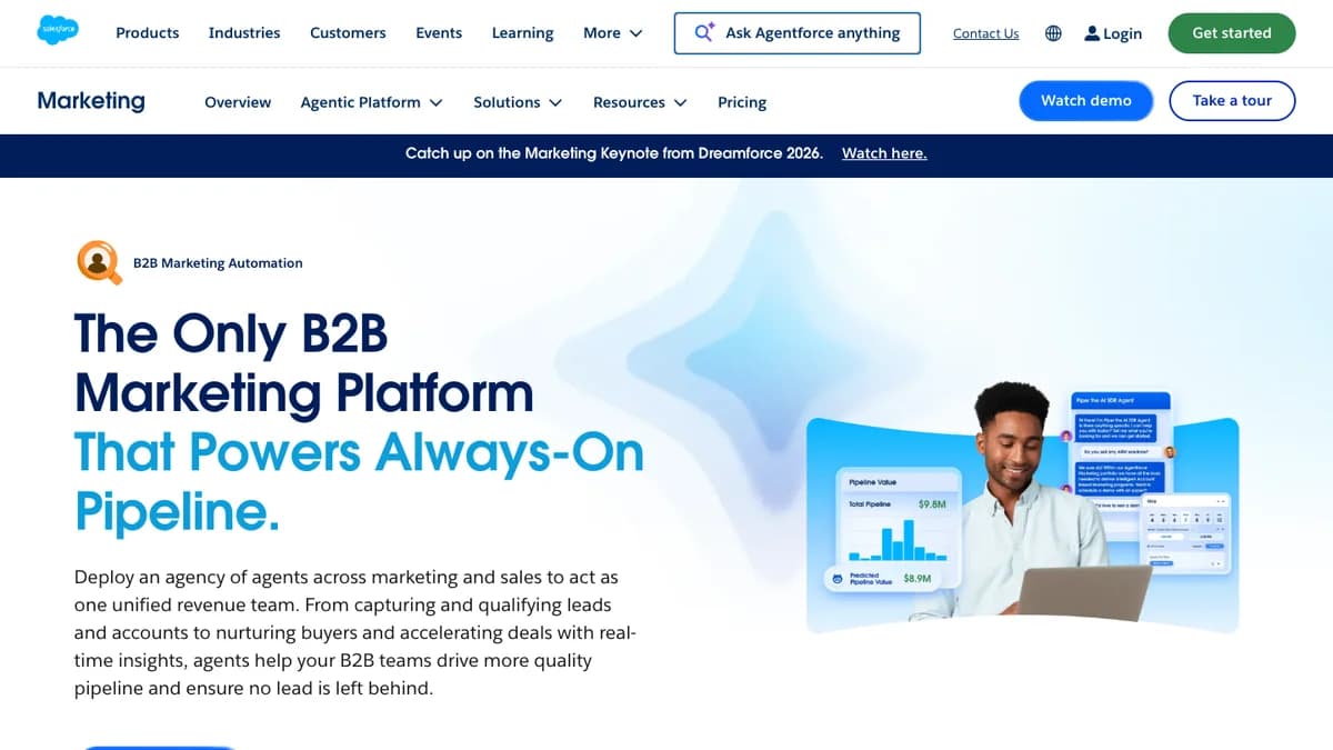 Pardot review 2026: Salesforce Marketing Cloud Account Engagement product page with the headline The Only B2B Marketing Platform That Powers Always-On Pipeline