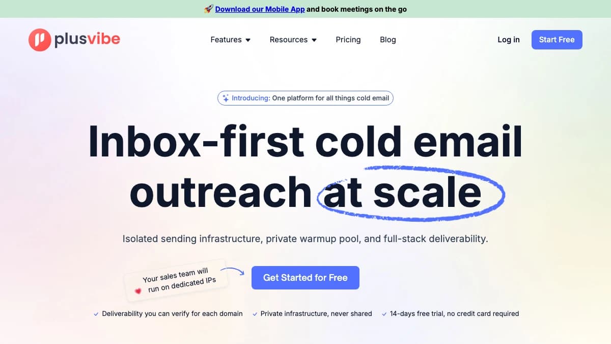 PlusVibe homepage — cold email platform with white label client app for agencies