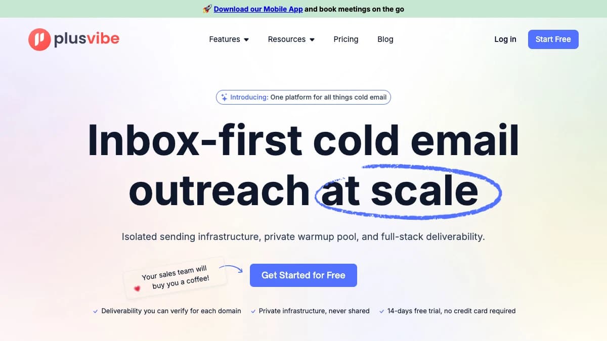 PlusVibe homepage — inbox-first cold email platform with no inbox cap on paid plans