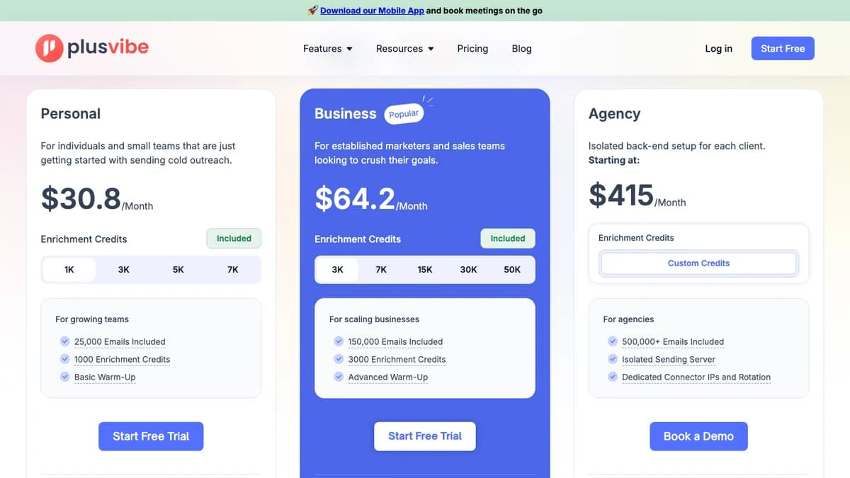 PlusVibe pricing page showing Personal, Business, and Agency plans billed yearly, captured for this PlusVibe review 2026