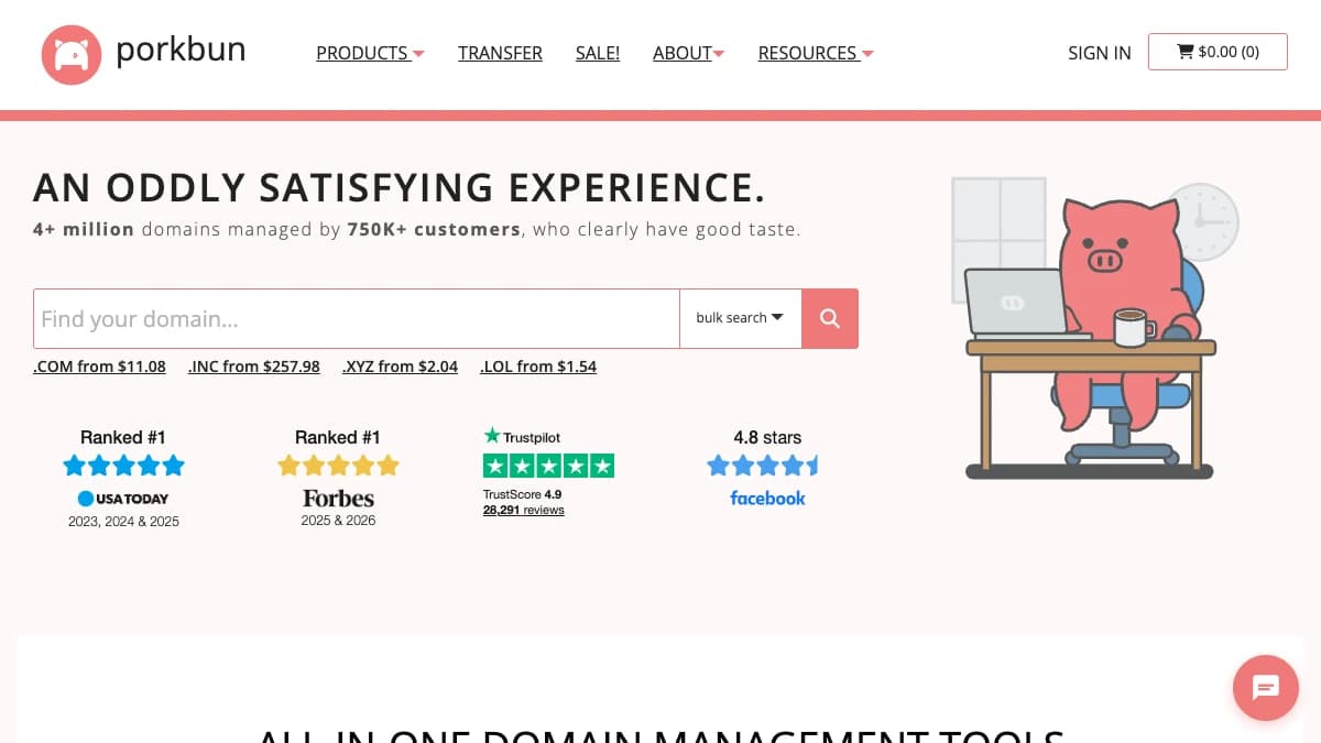 Porkbun domain registrar homepage with bulk search — best domain registrar for cold email