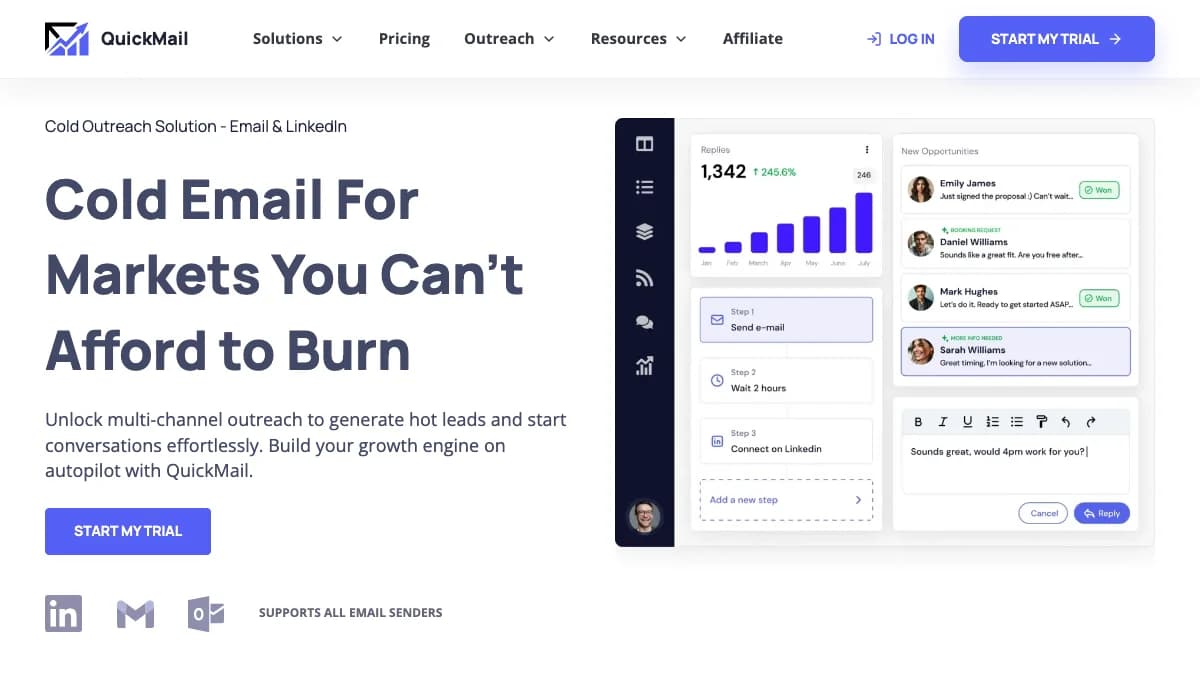 QuickMail homepage showing a multichannel campaign builder with email and LinkedIn steps, for this QuickMail review 2026