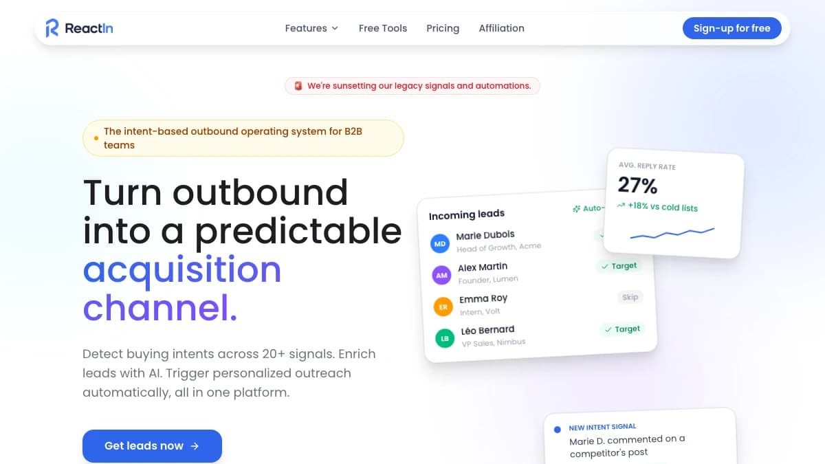ReactIn homepage — intent-based outbound platform showing Target/Skip lead tags and a 27% average reply rate