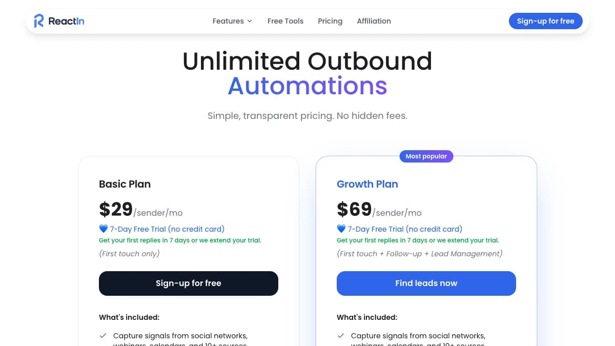 ReactIn pricing page — Basic plan at $29 and Growth plan at $69 per sender per month, each with a 7-day free trial