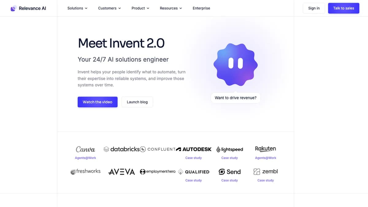 Relevance AI homepage with the Meet Invent 2.0 AI solutions engineer headline and customer logos, captured for this Relevance AI review 2026