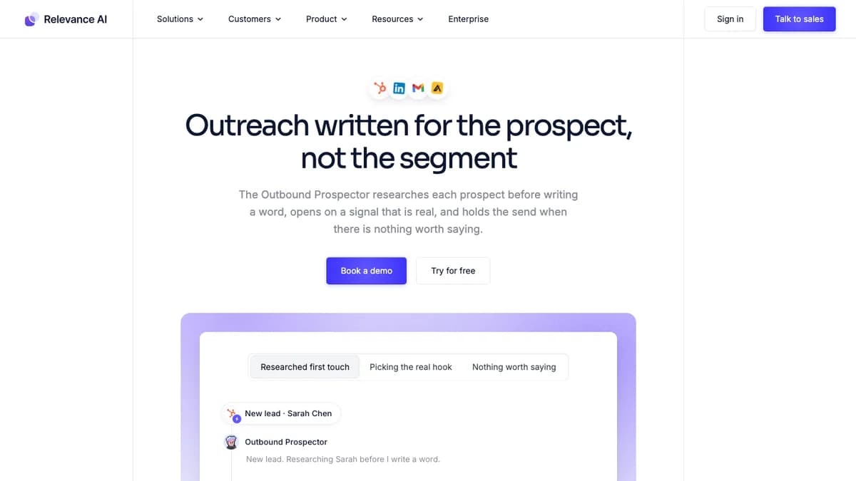 Relevance AI Outbound Prospector agent page with the Outreach written for the prospect, not the segment headline, Relevance AI review 2026