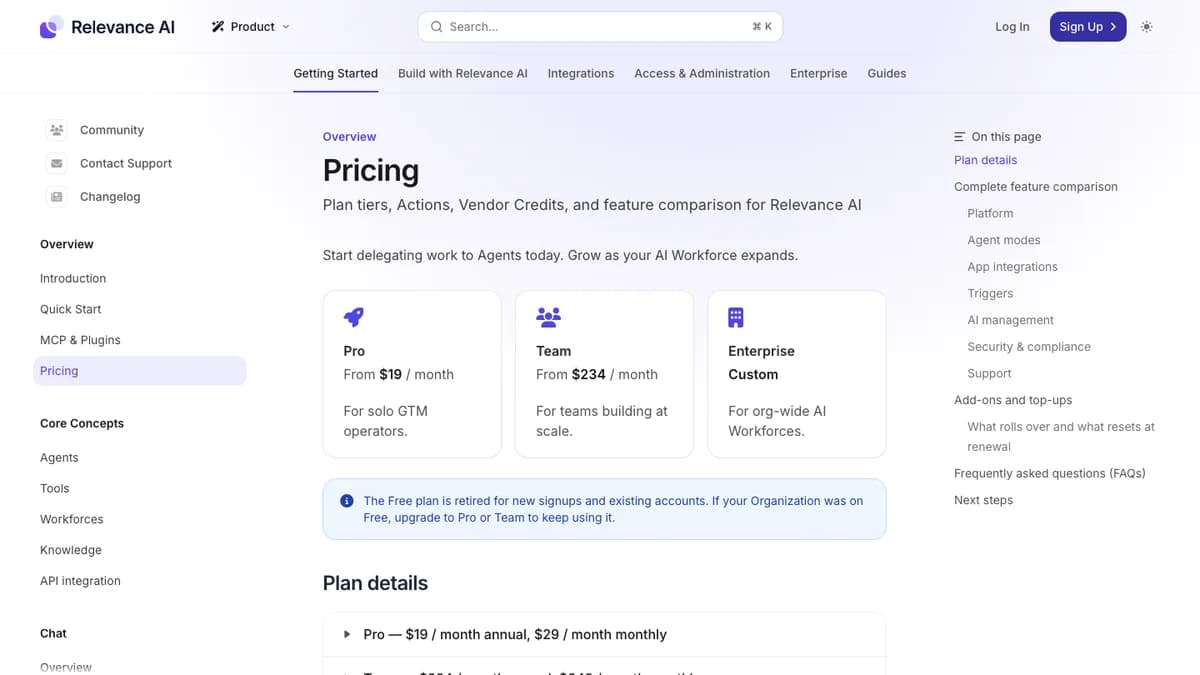 Relevance AI pricing docs showing Pro from $19 a month, Team from $234 a month, custom Enterprise, and the retired Free plan notice, Relevance AI review 2026