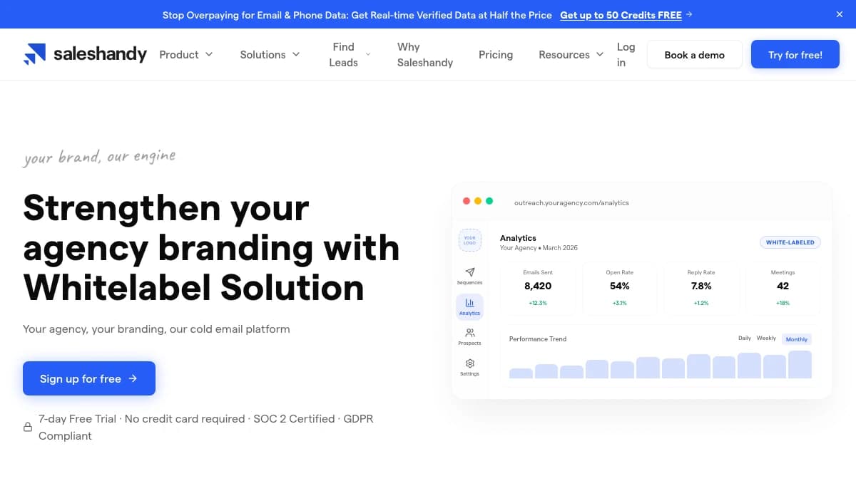 Saleshandy white label page — white label cold email software on your agency domain