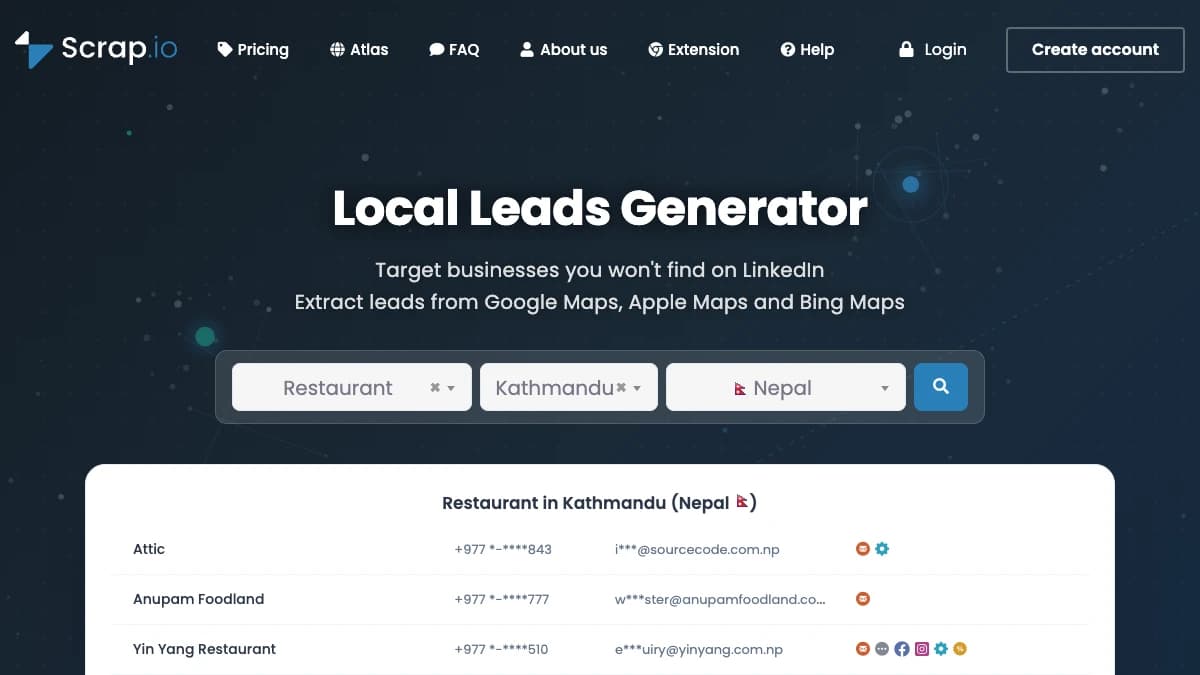 Scrap.io homepage with the Local Leads Generator search for restaurants in a city, captured for this Scrap.io review