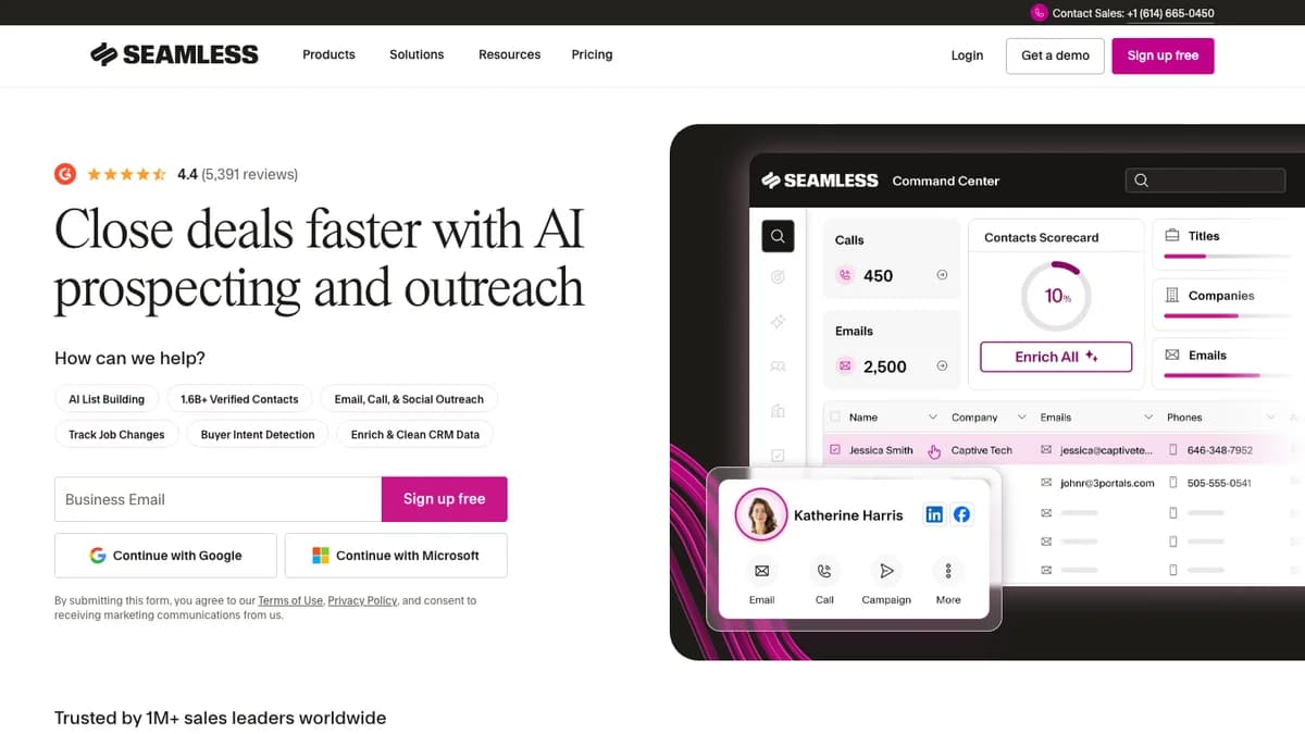 Seamless.AI homepage showing its command center with a contact table of emails and phone numbers for B2B lookup
