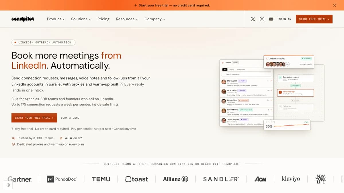 SendPilot homepage with the Book more meetings from LinkedIn headline, 7-day free trial, and 175 connection requests a week per sender claim, SendPilot review 2026
